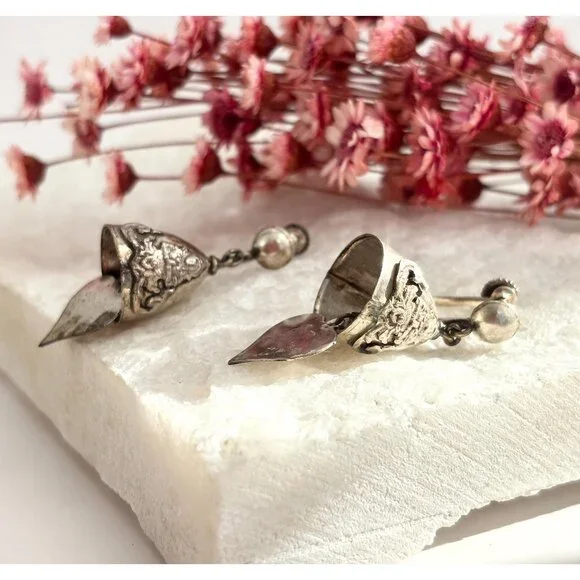 Siam Sterling Silver Vintage Screw Back Bells Hearts Charm Earrings - Picture 4 of 10